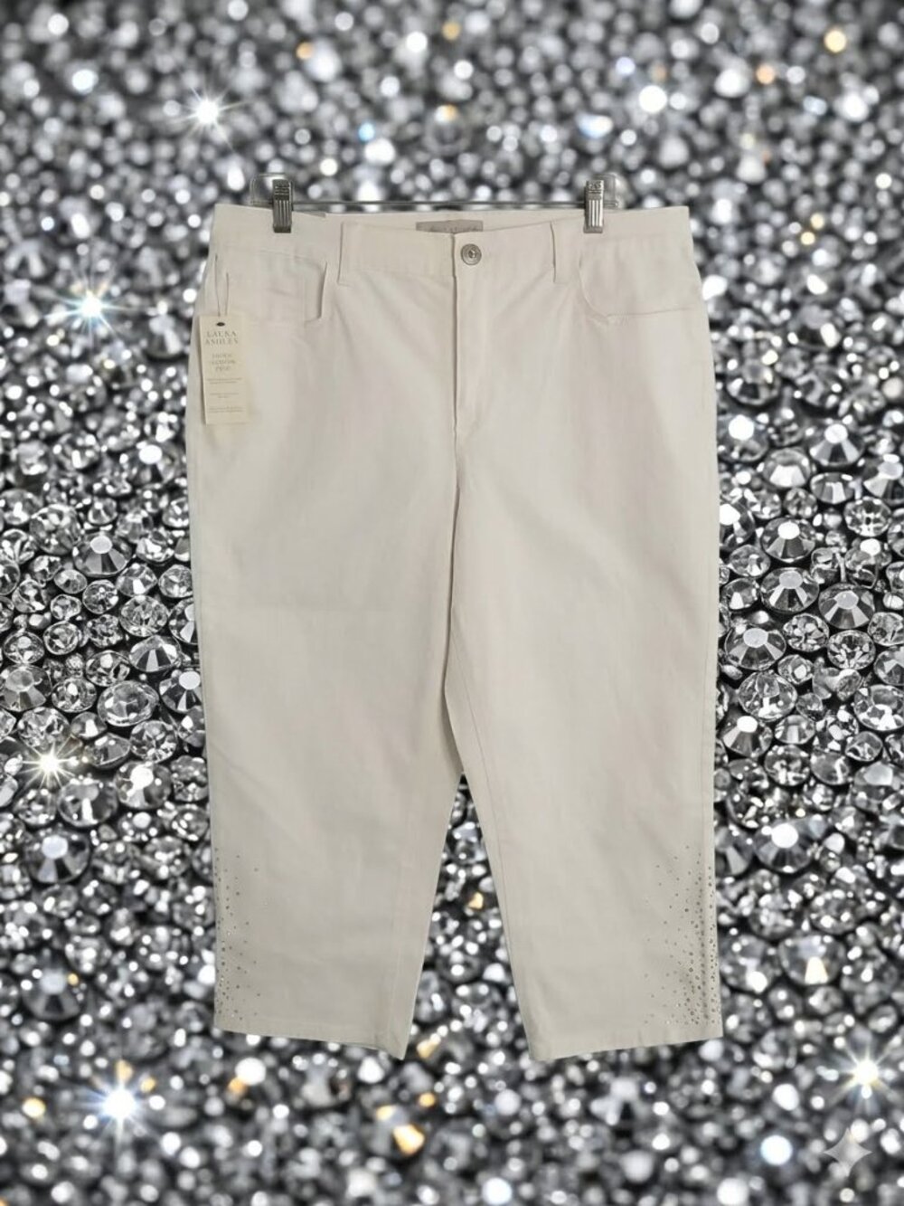 NEW Laura Ashley Tummy Slimming Crop Rhinestones Capris White 14